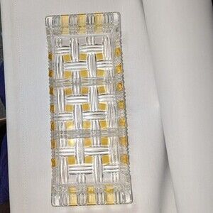 Vintage 1950s French Barware Woven Clear Yellow Ribbon Glass Serving Dish